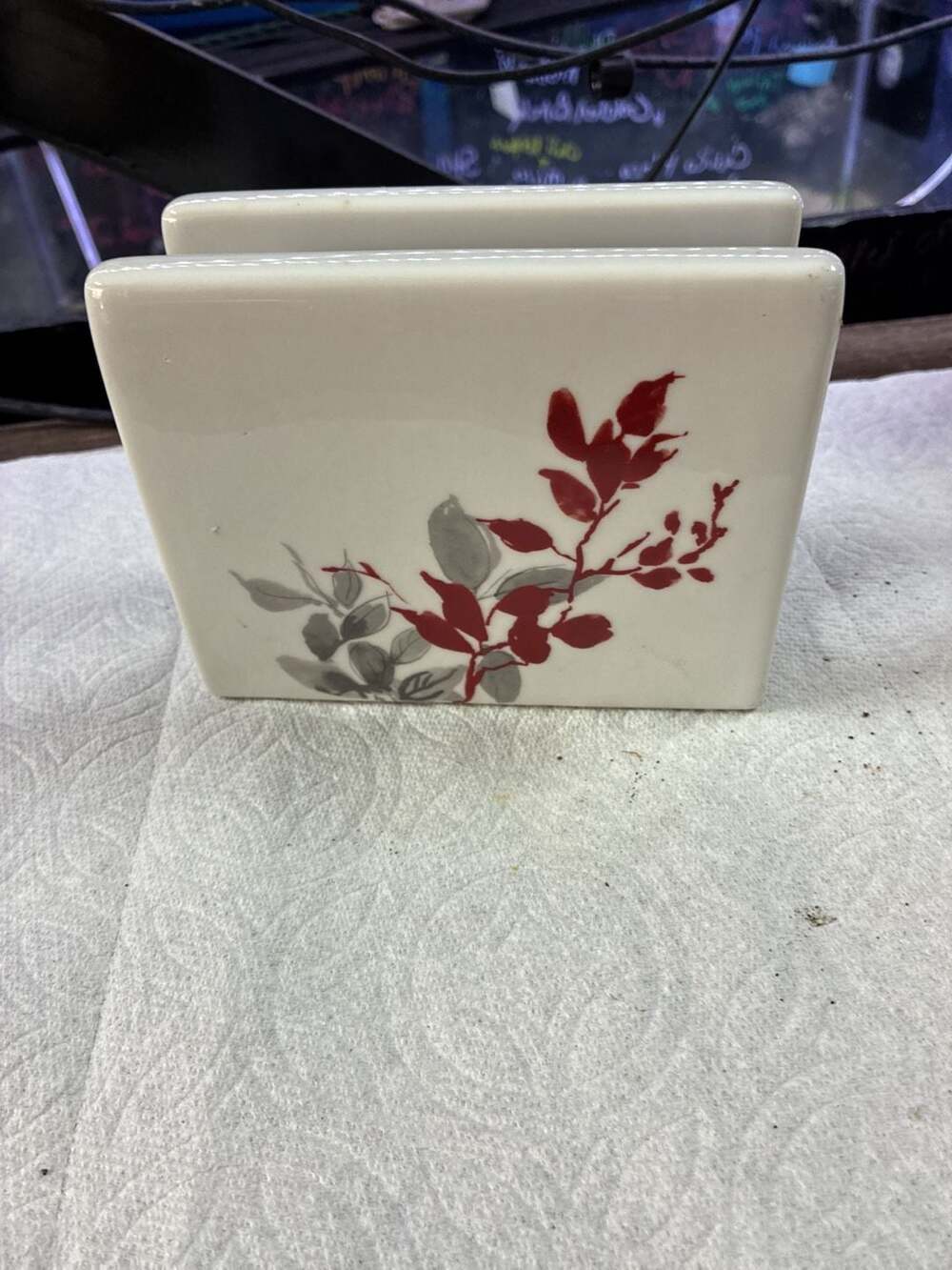 Corelle Coordinates Kyoto Leaves Porcelain Napkin Holder Red Gray Leaves on Whit - Picture 3 of 6